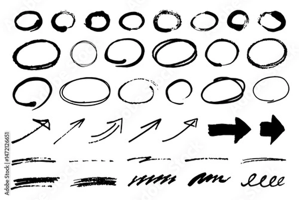 Obraz 手描きの楕円、矢印、線のセット。落書き風の装飾。図形のベクターイラスト。