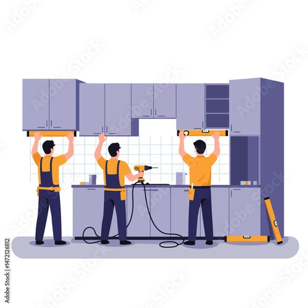 Fototapeta Workers Installing Kitchen Cabinets with Drill and Leveling Tools