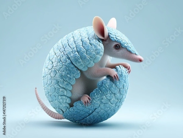 Fototapeta Pastel blue armadillo curled in teal backdrop, pink facial features contrast with alert eyes, geometric armor texture blending defense with whimsy.