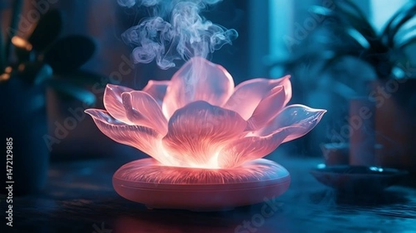 Fototapeta A holographic scent diffuser in the shape of a flower, pulsing with light and vapor trails, placed in a smart wellness room, 8K clarity