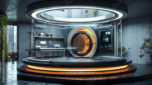 Fototapeta A circular home recycling ring with gesture-sensitive glowing panels, fully sealed unit, futuristic environmental automation, 8K ultra-detailed