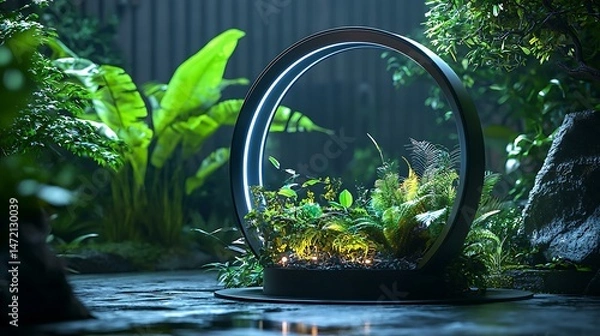 Fototapeta A circular home recycling ring with gesture-sensitive glowing panels, fully sealed unit, futuristic environmental automation, 8K ultra-detailed