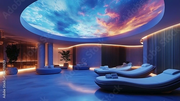 Obraz A holographic ceiling mural above a circular rest zone, depicting abstract skies that change per weather, immersive wellness integration, 8K sharp render