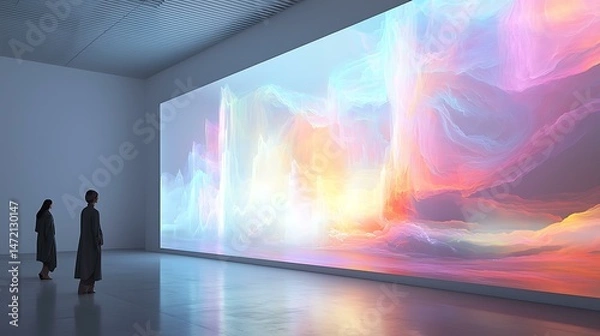 Obraz A holographic art projector displaying abstract visuals that respond to background noise, embedded in a clean white gallery wall, 8K ultra-detailed