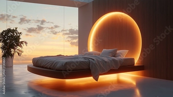 Obraz A halo-shaped sleep enhancer floating above a minimalist bed, emits rotating shadow-light rings synchronized to breath rhythm, 8K sharp render