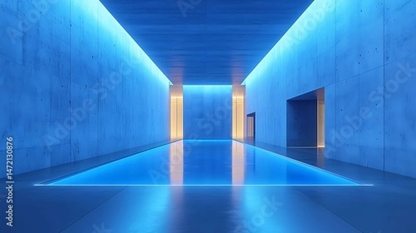 Obraz A glowing linear ceiling slit projecting flowing ambient visuals onto a clean matte floor, built-in kinetic air filters, 8K sharp render