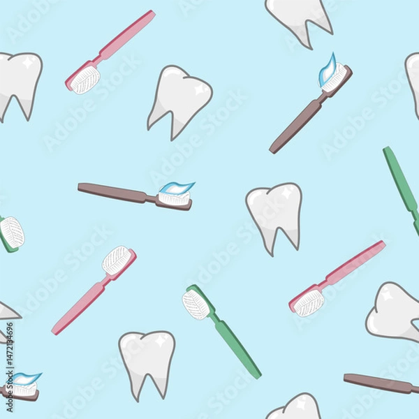 Fototapeta Vector seamless pattern with teeth and toothbrushes. For printing, packaging, textiles