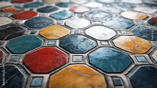 Fototapeta Close-up view of a colorful, patterned mosaic floor.  Geometric shapes and vibrant hues create an intricate design..