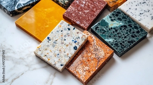 Fototapeta Assorted colorful composite stone samples on a marble surface.