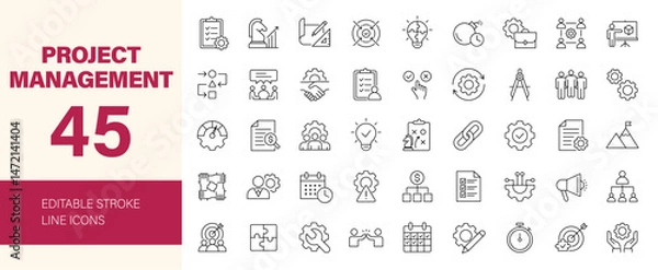Fototapeta Project management icon set. Containing business, organization, planning, startup, marketing, collaboration, development, strategy and more. Editable line icons. Vector illustration.