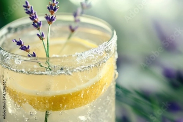 Fototapeta Close-up of Refreshing Lavender Lemonade: A Zesty and Aromatic Summer Drink with Lemon Slices and Sugar Rim