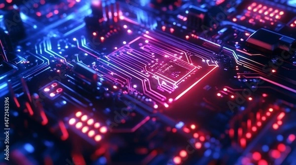 Fototapeta Close-up view of glowing circuit board with vibrant neon colors, intricate pathways, and illuminated components.