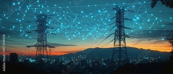 Fototapeta Digital power grid visualization connecting energy transmission over urban city skyline