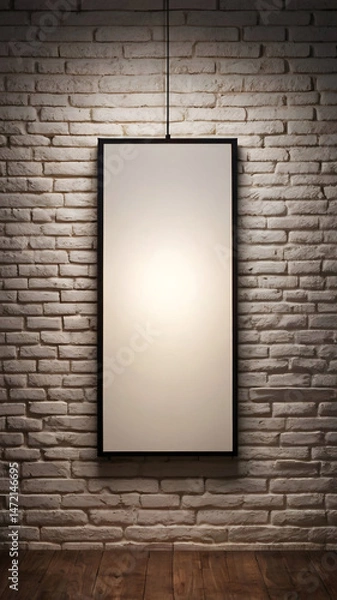Obraz Vertical Hanging Blank Frame on White Brick Wall – Modern Empty Poster Mockup with Soft Lighting

