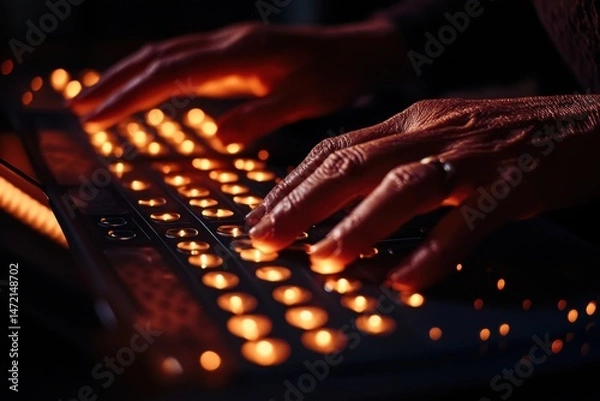Fototapeta Hands Touch Refreshable Braille Display Illuminated Buttons