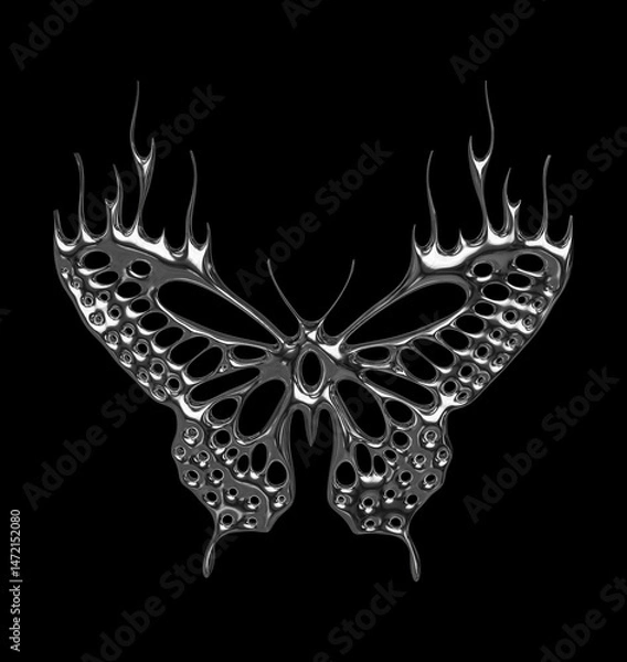 Fototapeta 3d chrome metal of y2k butterfly icon. Flame butterfly tattoo shape in liquid mercury. 3d rendering illustration of abstract neo tribal cyber sigil metallic melted modern burn form. 3D Illustration