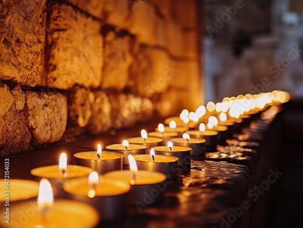 Fototapeta Row of Burning Candles Illuminates a Stone Ledge with Warm Light, Creating a Peaceful and Contemplative Atmosphere