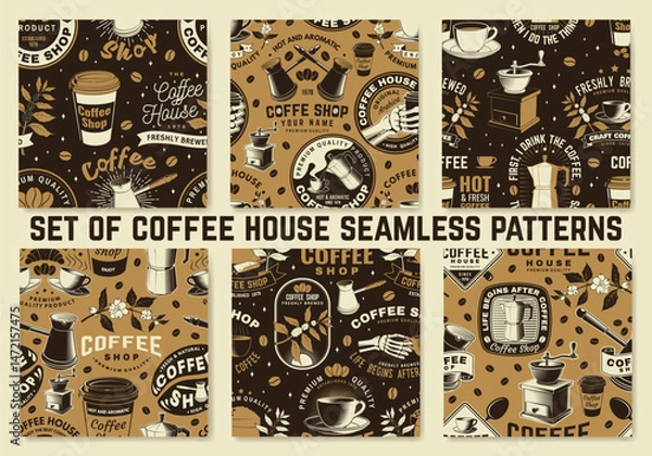 Obraz Set of Coffee shop seamless patterns or backgrounds. Vector Seamless scene with paper coffee cup, branch of coffee tree, grinder silhouette. Coffee shop background for wallpaper or wrapper