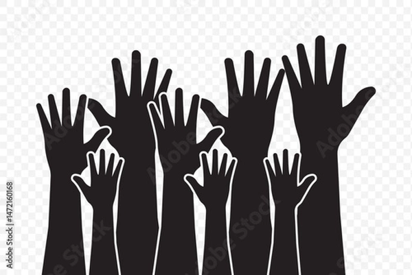 Fototapeta series of silhouetted hands raised high in unison icon vector illustration on Transparent Background. EPS 10.