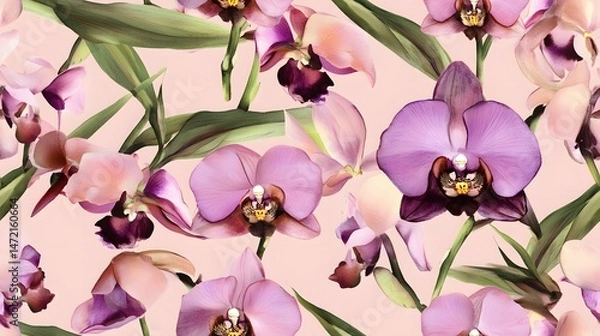 Obraz Delicate, repeating orchid floral pattern on a soft pastel background.