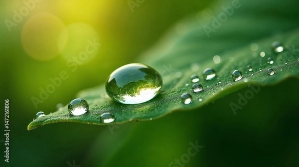 Fototapeta Close-up of water droplets on a green leaf with soft sunlight. Nature, freshness, and environmental themes ideal for eco-friendly and natural beauty concepts