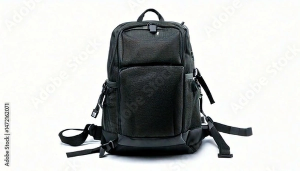 Obraz Sleek black backpack isolated on white.  Durable fabric, multiple compartments, and adjustable straps. Perfect for travel or everyday use.