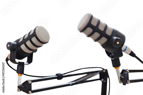 Fototapeta High-quality microphones set up for an engaging podcast interview session in a studio environment