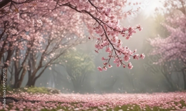 Fototapeta Soft pink sakura petals descend gracefully against a dreamy spring backdrop ,  bokeh,  pink,  floral