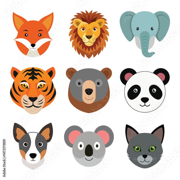 Fototapeta Cute Animal Faces Vector Set in Simple Flat Style