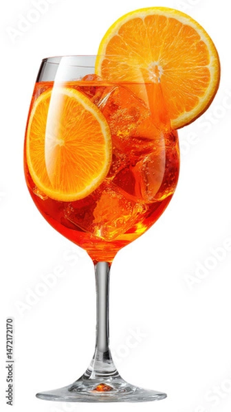 Fototapeta Refreshing Aperol Spritz: A vibrant Aperol spritz, beautifully garnished with orange slices, presents a refreshing cocktail, enticing viewers with its bright hues and crisp, summery essence. 