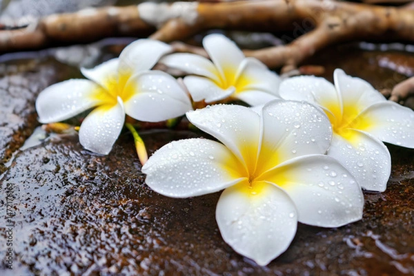 Fototapeta Fresh white frangipani flowers adorned with sparkling water drops resting on a textured rock surface, capturing natural purity, delicate beauty, and a refreshing tropical atmosphere in close-up detail