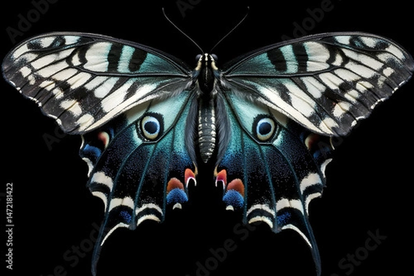 Fototapeta A close-up of a Papilio machaon butterfly isolated on a black background, showcasing its detailed wings and vibrant colors