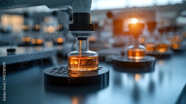 Fototapeta A robotic arm carefully analyzes a liquid sample inside a small vial in a high tech laboratory setting.