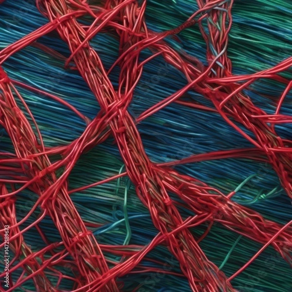 Fototapeta Technological weave of red, blue, green wires tangled with precision Generative AI