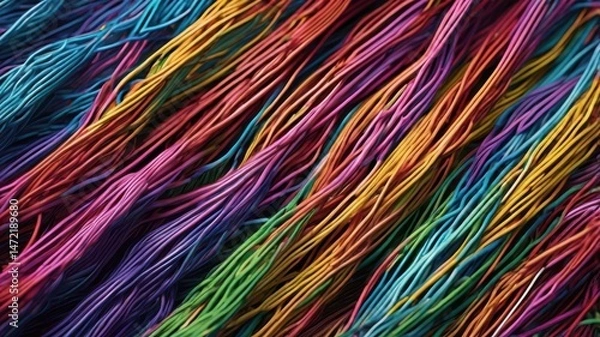 Fototapeta Chaotic mesh of ethernet lines, layered and twisted in colorful density Generative AI
