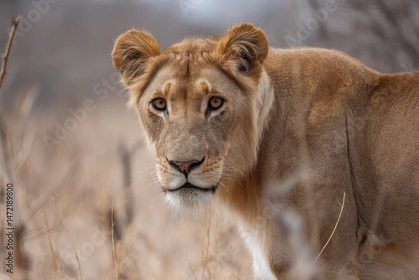 Fototapeta A lioness stands in the savanna, looking intently at something off-camera. She has golden fur and piercing eyes. The background is blurred to focus on her face.