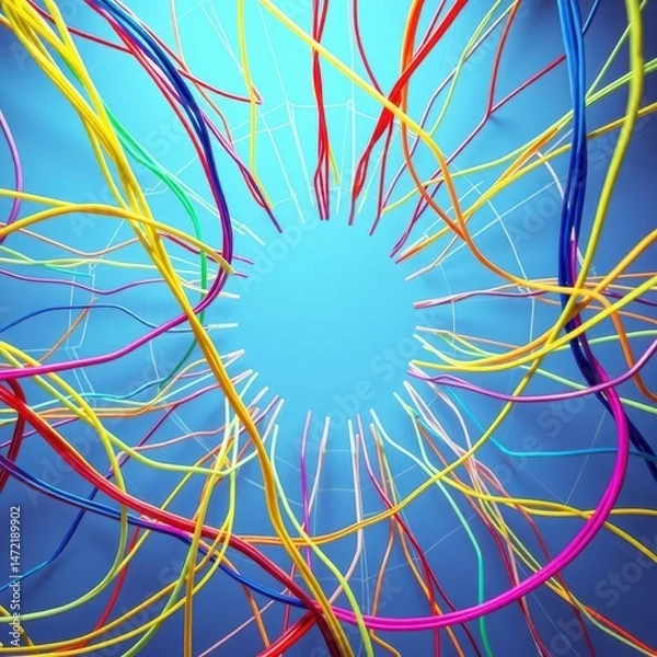 Fototapeta Rainbow-colored wires overlapping to form a digital spider web Generative AI