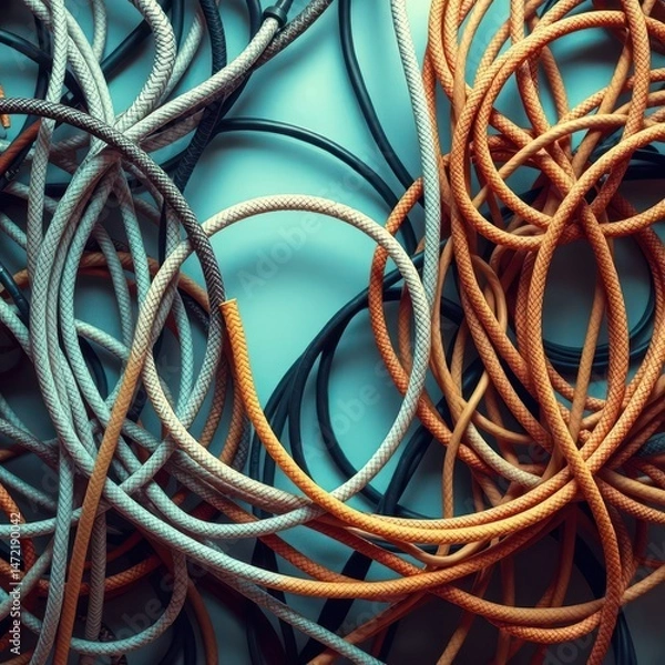 Fototapeta Artistic arrangement of tech cables in crisscrossing loops and tangles Generative AI