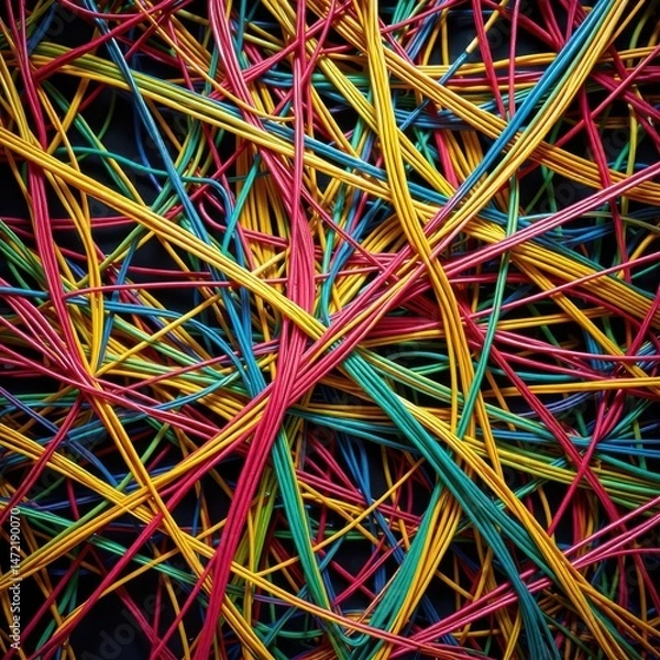 Fototapeta Web-like network of color-coded cables crossing at random angles Generative AI