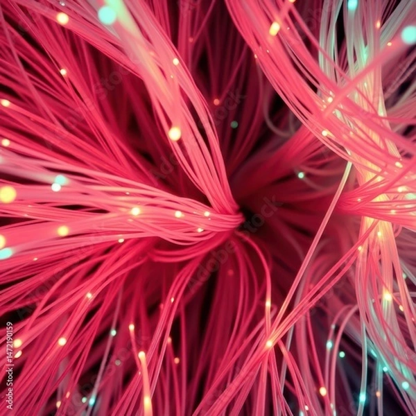 Fototapeta Tight-knit structure of glowing fiber optic lines in assorted hues Generative AI
