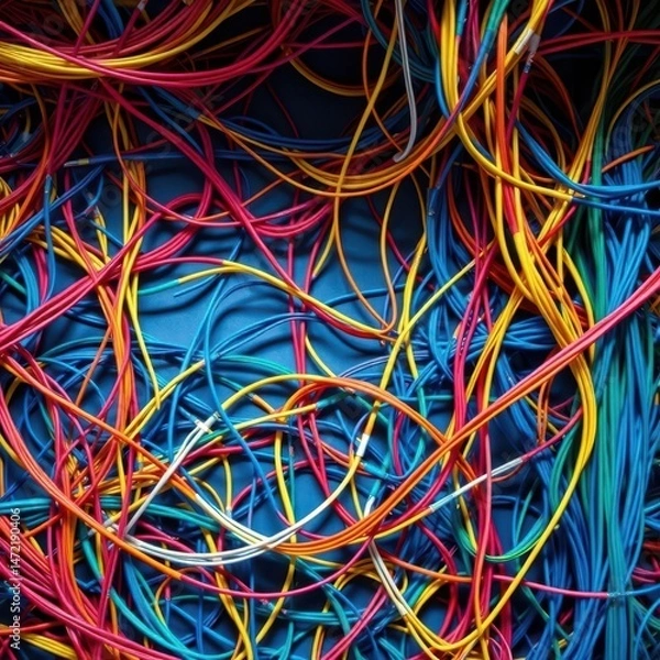 Fototapeta A complex web of multicolored network cables intricately tangled across the surface Generative AI