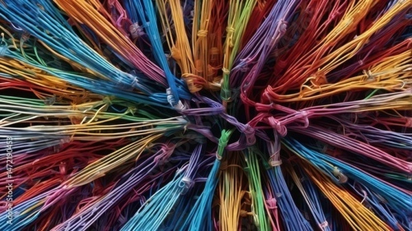Fototapeta Colorful digital wiring entangled in a symmetric dense web pattern Generative AI
