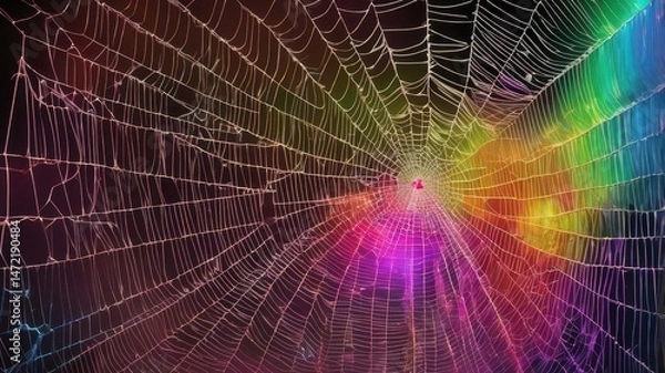 Obraz Rainbow-colored wires overlapping to form a digital spider web Generative AI