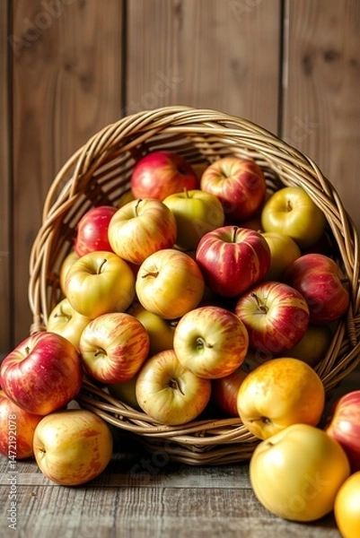 Fototapeta A vibrant still life of freshly picked apples, arranged artfully in a woven basket or a shallow, ornate bowl, set against a soft, creamy background