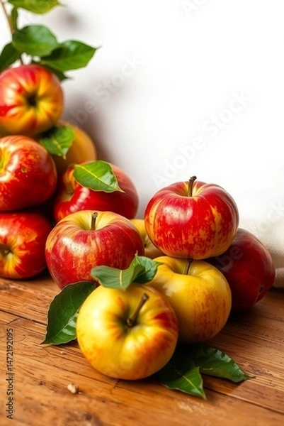 Fototapeta A vibrant still life of freshly picked apples, arranged artfully in a woven basket or a shallow, ornate bowl, set against a soft, creamy background