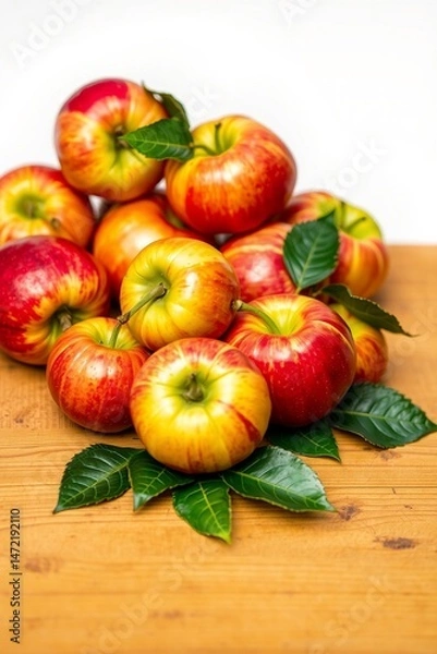Fototapeta A vibrant still life of freshly picked apples, arranged artfully in a woven basket or a shallow, ornate bowl, set against a soft, creamy background