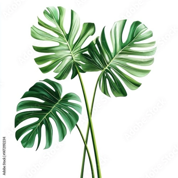 Fototapeta Tropical leaves arrangement.  Three lush, vibrant monstera leaves, with intricate veining, stand tall against a white background.  The deep green leaves create a sense of lushness and life