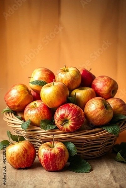 Fototapeta A vibrant still life of freshly picked apples, arranged artfully in a woven basket or a shallow, ornate bowl, set against a soft, creamy background