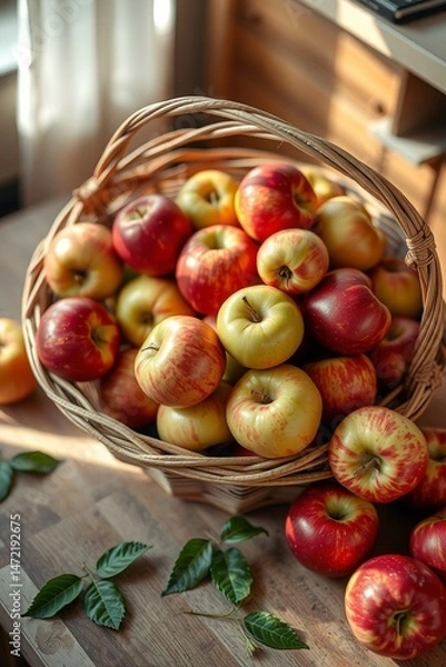 Fototapeta A vibrant still life of freshly picked apples, arranged artfully in a woven basket or a shallow, ornate bowl, set against a soft, creamy background