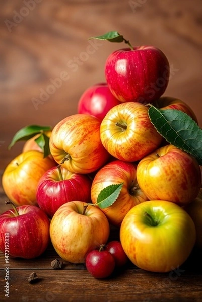 Fototapeta A vibrant still life of freshly picked apples, arranged artfully in a woven basket or a shallow, ornate bowl, set against a soft, creamy background